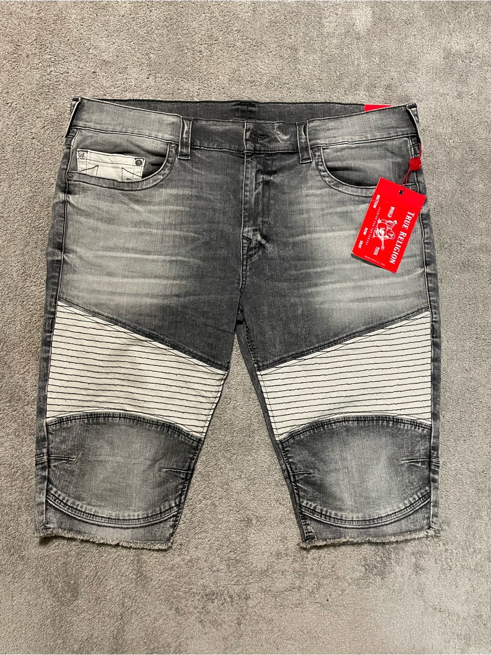 NEW True Religion Geno Moto Sport Shorts Mens 42 Gray Denim Biker  NWT